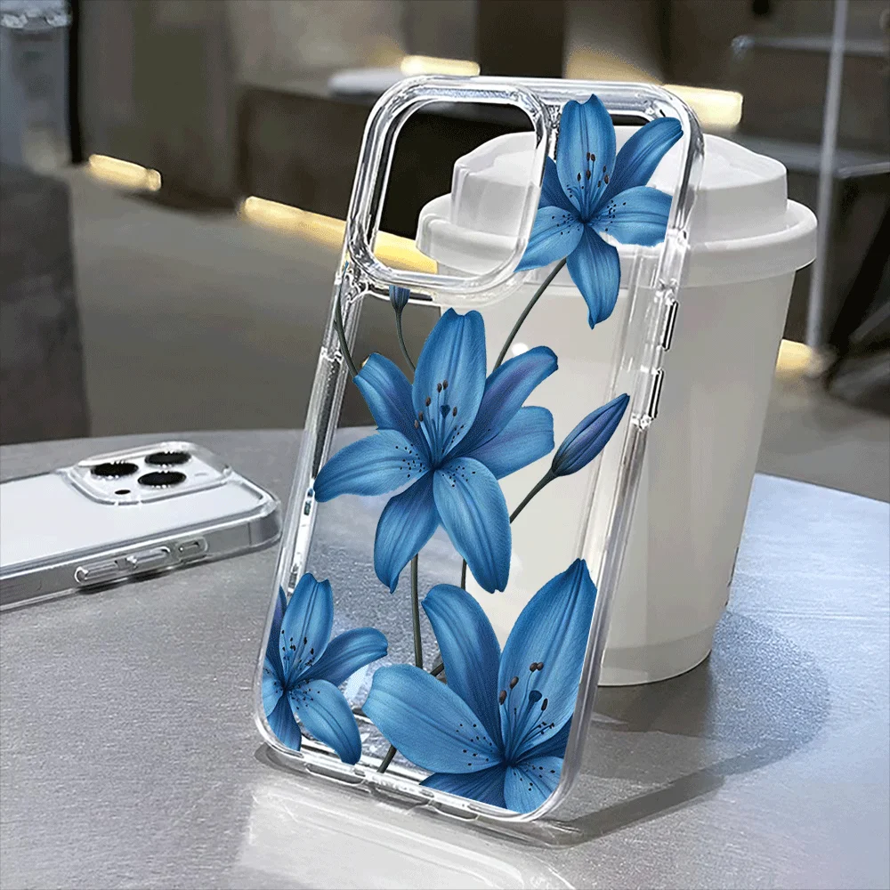 

Blue Elegant Lily Flower transparent case,suitable for iPhone16,16Pro,16Pro Max, 16 to 11, 12, 13, 14, 15plus series