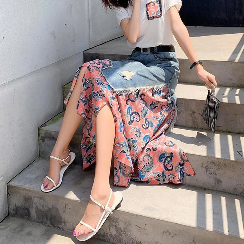 Verão cintura alta saias longas mulher vintage irregular retalhos denim saia feminina streetwear a linha midi saias