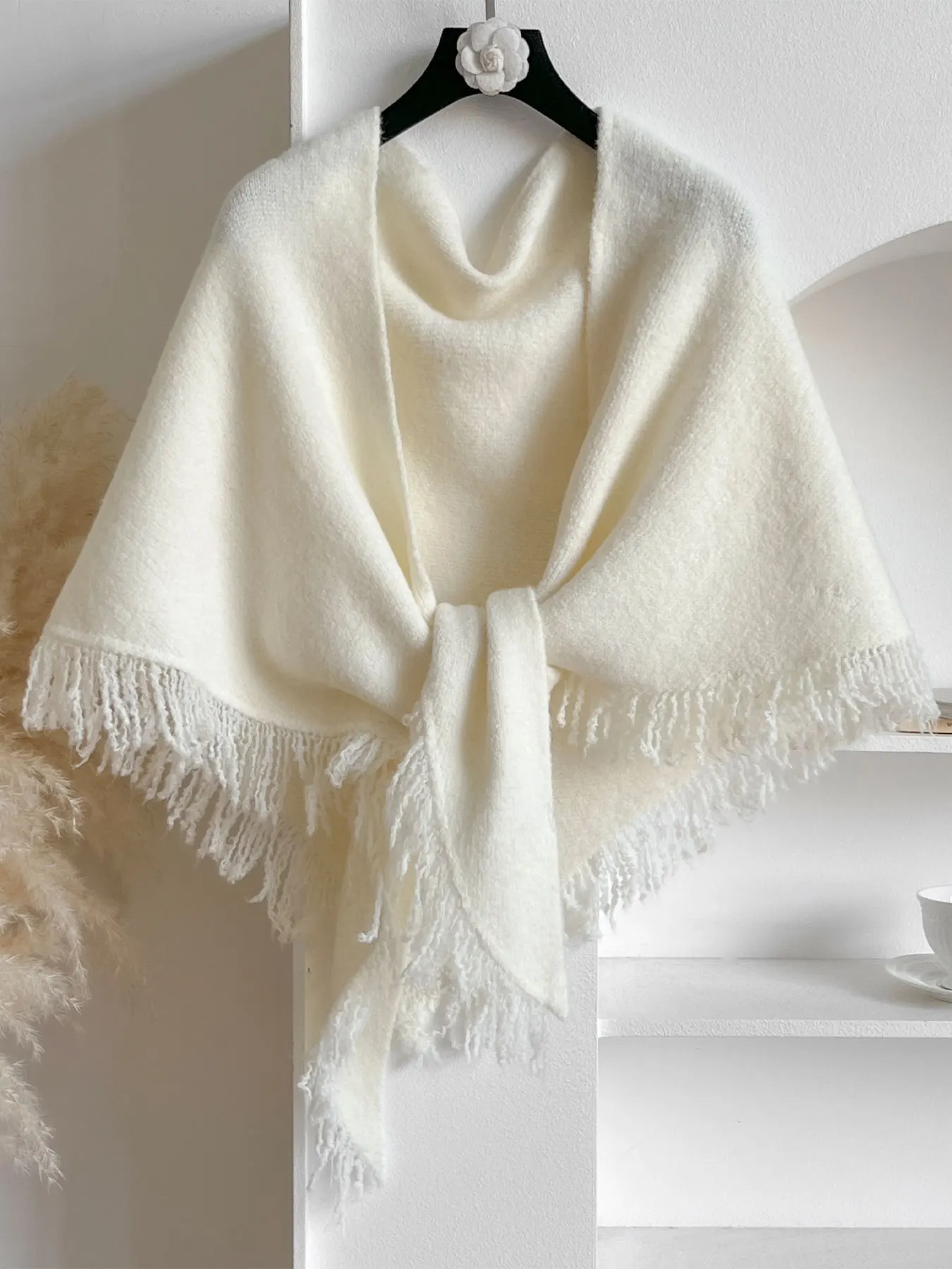 Solid Color Tassel Triangle Shawl, Soft Knit Open Front Poncho Cape, Warm Fringed Shoulder Wrap for Women Fall Winter Daily Wear