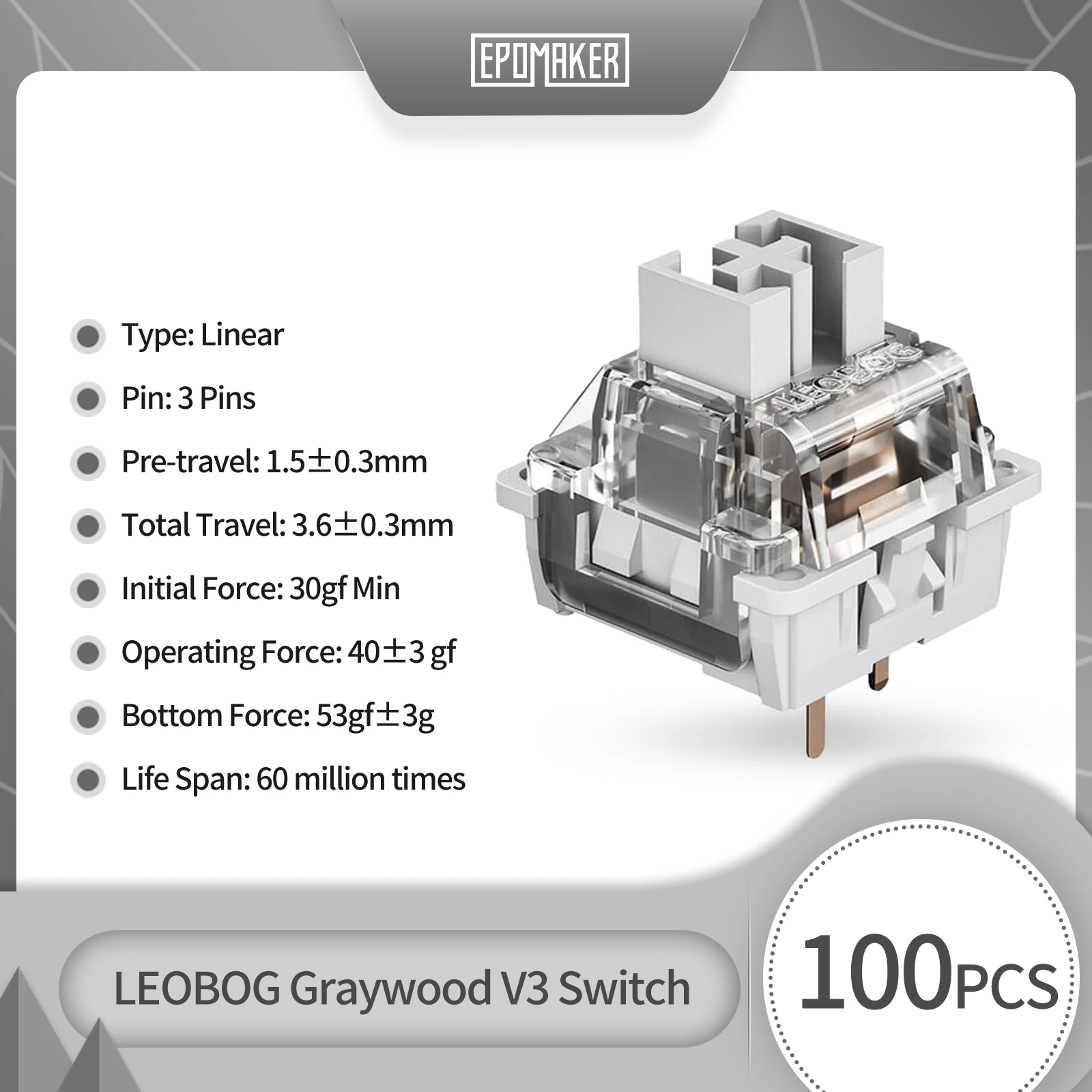 100 Pieces LEOBOG Graywood V3 Switch Set Linear 40g 3-Pins for Customizing Mechanical Keyboards DIY