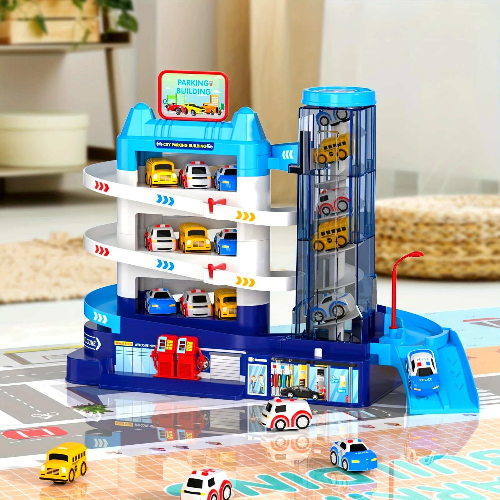 

4-Layer Parking Building Toy with 4 Cars Elevable Garage Track for Boys And Girls Children's Birthday Gift Car Parking Lot Plays