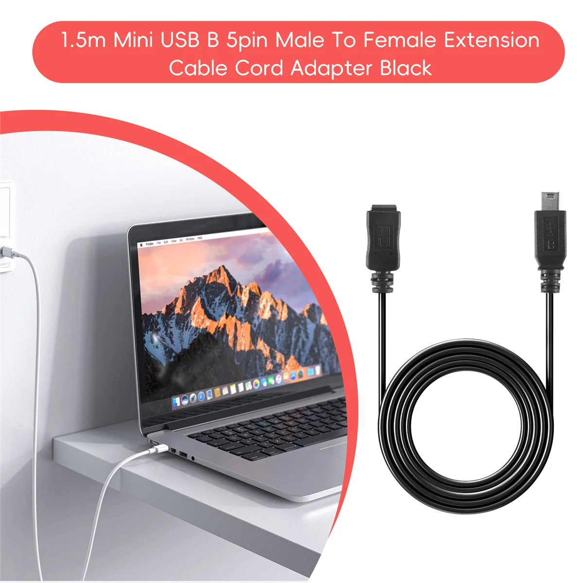 1.5m Mini USB B 5 pinos macho para fêmea cabo de extensão adaptador preto