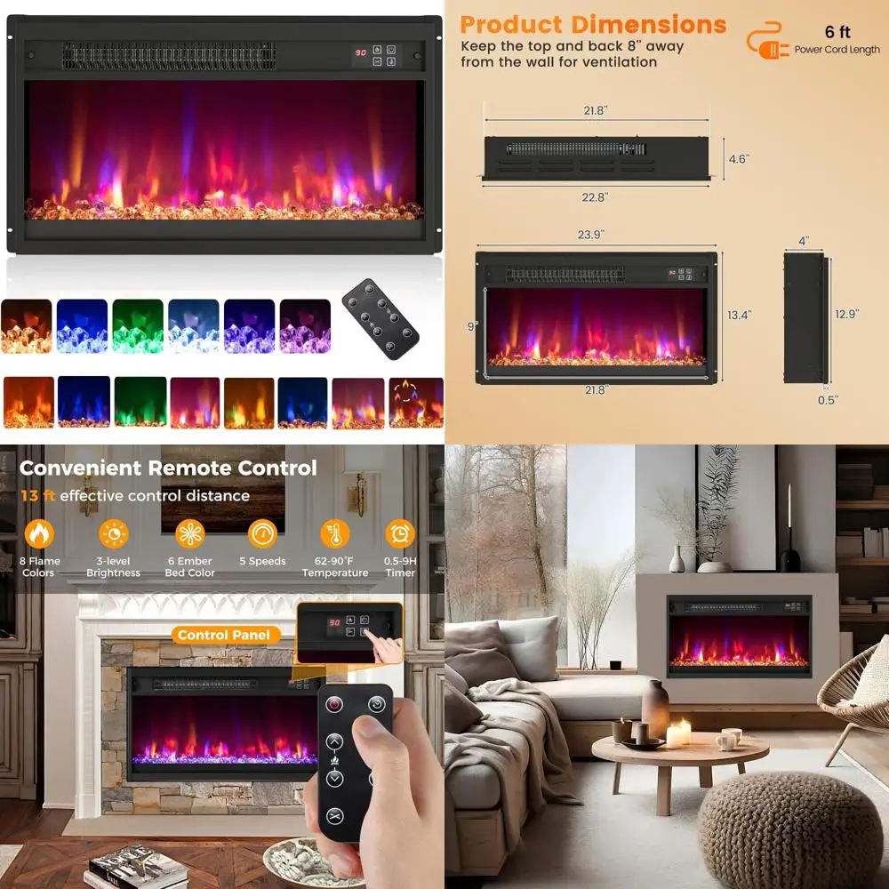 

Electric Fireplace Insert with 8 Flame and 6 Ember Color Options, Remote Control, 9H Timer, Recessed Heater for Home Comfort