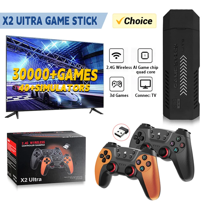 X2 Ultra 4K Game Stick Mini TV Video وحدة تحكم ألعاب محمولة 35000+ ألعاب ريترو وحدة تحكم لاسلكية محاكيات الأركيد الشحن من الولايات المتحدة