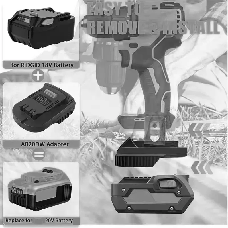 AR20DW battery adapter converts for DeWalt 18v-20v Max lithium battery to for Ridgid AEG 18v Lithium battery