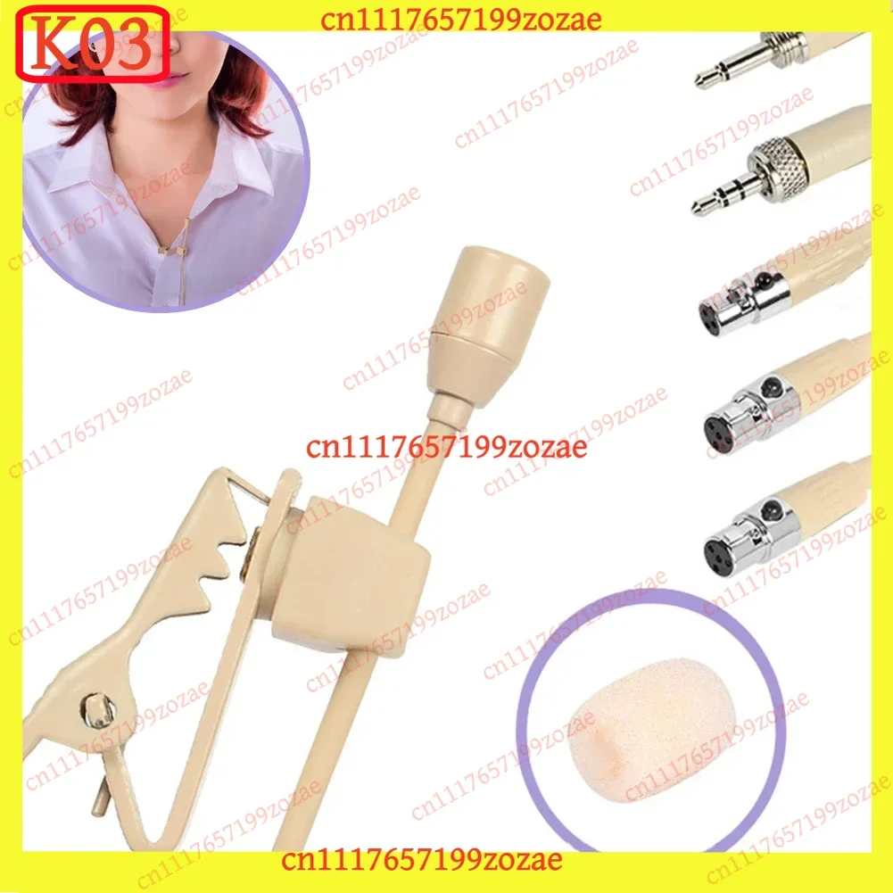 k03 Beige Lavalier Lapel Clip Microphone 3.5mm 3‑Pin 4‑Pin XLR Plug for Wireless Mic System