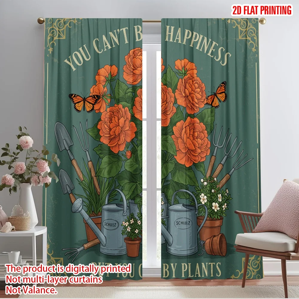 

2pcs 2D flat printing Curtains Gardening Happiness Plants Butterflies 100% Polyester Fabric Without Electricity All Season Party