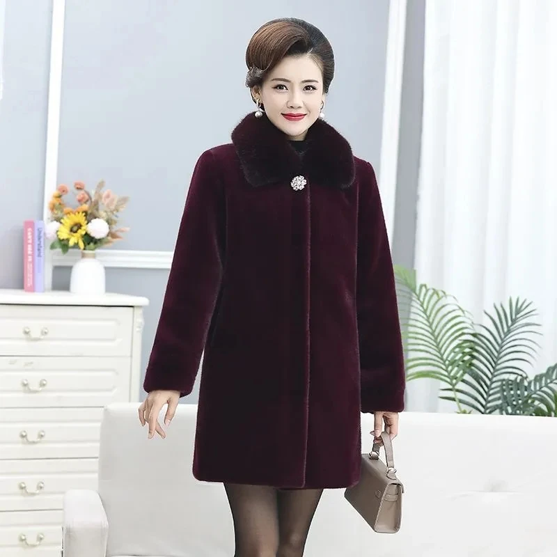 Middle-aged Elderly Women's Mink Fur Coat High End Fashion Long Winter Fur Jacket Noble Mother Thicken Warm Parkas Overcoat 6XL