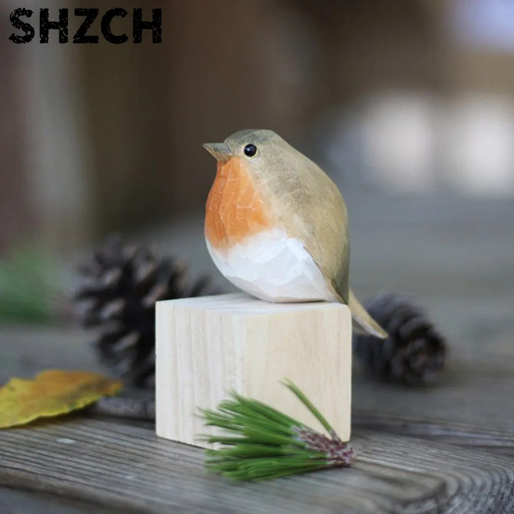 Nordic Style Pure Handmade Solid Wood Carving Fat Bird Robin Bird Home Sparrow Wooden Red Bird Throat Lovely Gift DropShipping