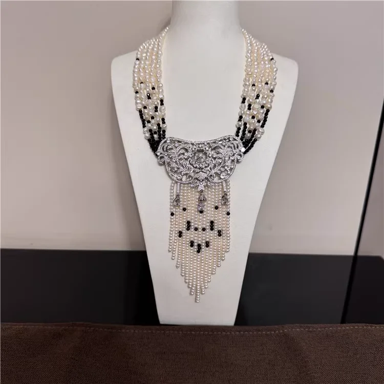 

5 Strands White White Keshi Pearl With Black Crystal CZ Necklace