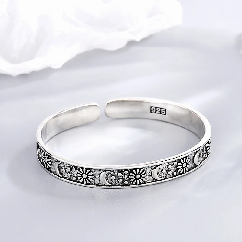 Vintage Thai Silver Moon Star Flower  Silver Color Resizable Opening Bracelet For Women Luxury Jewelry Gift