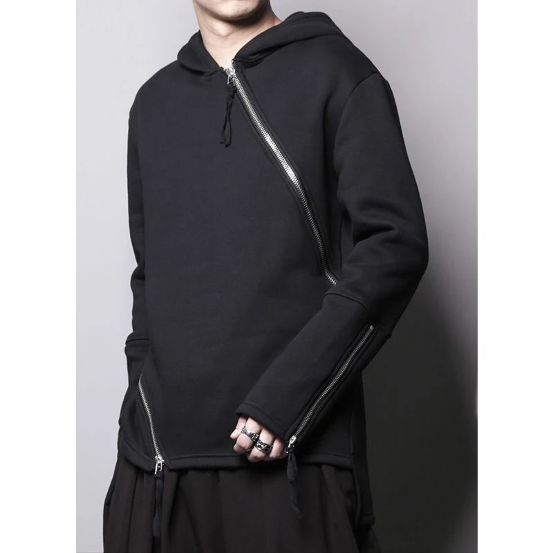Autumn Winter Men's Cotton Hoodie With Irregular Zipper Stitching And Loose Plush Coat Male Personalized Trend Clothes Jackets