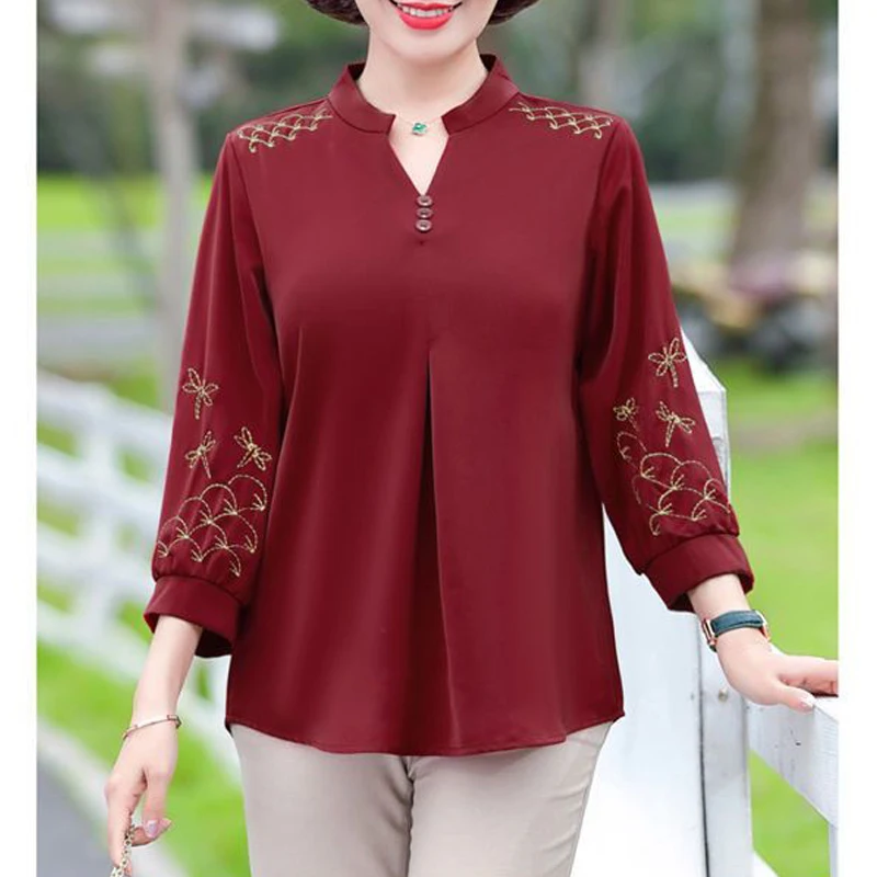 Women Clothes Vintage Embroidery Elegant Blouses Summer Fashion V Neck Three Quarter Sleeve Shirts Solid Loose Ladies Tops S-5XL