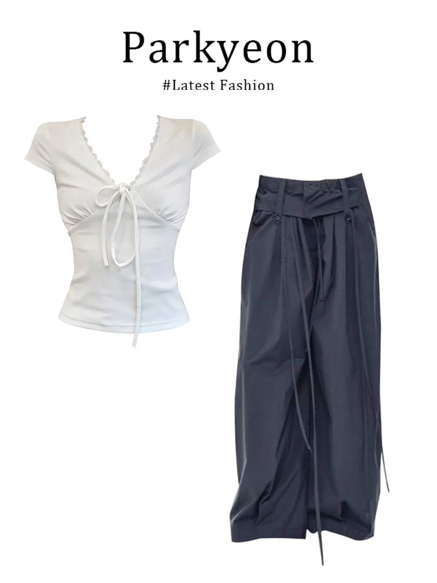 

Parkyeon Lace Trimmed Pure Desire Commuter Versatile T-Shirt Top And Loose Casual Pants Set Women's Fashion Spring Summer