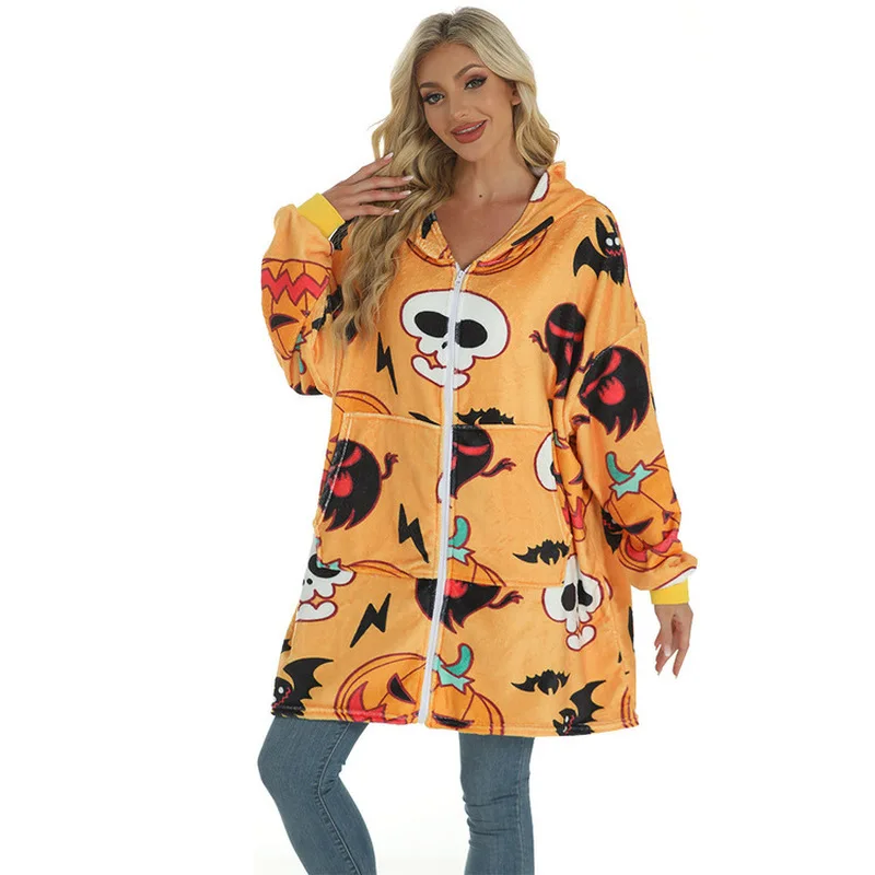 Woman Funny Winter warm fleece-lined TV blanket comfortable loungewear blankets hooded zip-up bathrobe Halloween costume