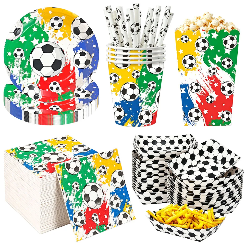 Fußball-Party Einweggeschirr Pappteller Becher Strohhalme Servietten Popcorn-Box Essensschale Sport Fußball Geburtstagsparty Dekoration