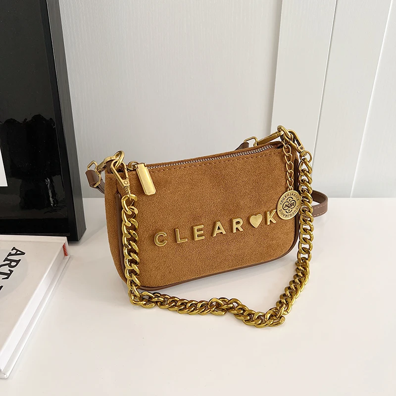 Creative Letters Pattern Faux Suede Small Square Shoulder Bags Solid Chains Popularity Retro Crossbody Bags for Women 2025 New