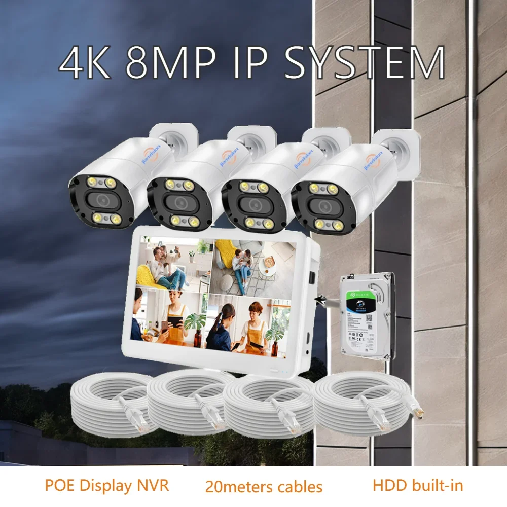 نظام كاميرا Jianvision 4K 8MP IP 4 قنوات تطبيق خارجي مع شاشة NVR وقرص القرص الصلب مقاس 12 بوصة