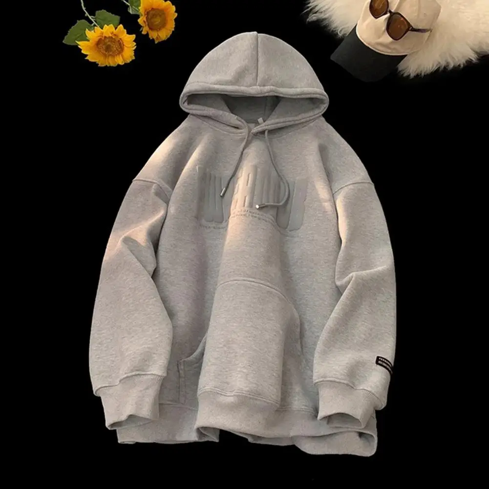 Men Fall Winter Hoodie Drawstring Elastic Cuff Thick Plush Sweatshirt Big Patch Pocket Hooded Loose Keep Warm Mid Length Top