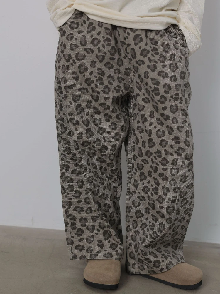

HoneyCherry Autumn New Girls' Leopard Print Cotton Woven Straight - Leg Pants, Fashionable Parent - Child Loose Long Pants