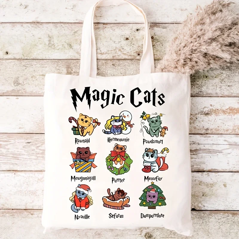 Magic Cat Print Tote Bag, Cat Super Cute Shoulder Bag, Christmas Birthday Gift Bag, Handbag Perfect For School, Travel, Shopping