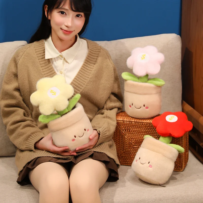 Plush Toy Potted Flower Doll for Kawaii Decor Fans Soft Smiling Plant Figure in Yellow Pink or Red for Cheerful Room Styling