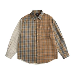 Splice Plaid Shirt Men Streetwear Fashion Loose Casual Oversize Long Sleeve Shirts Campus Boy Spring Autumn Shirt Blouse