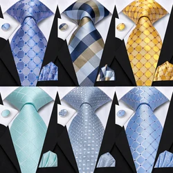 Hi-Tie Fashion 8.5cm Plaid Dots Men's Elegant Tie Handkerchief Cufflinks Set Wedding Party Accessories Gift for Men Gravats