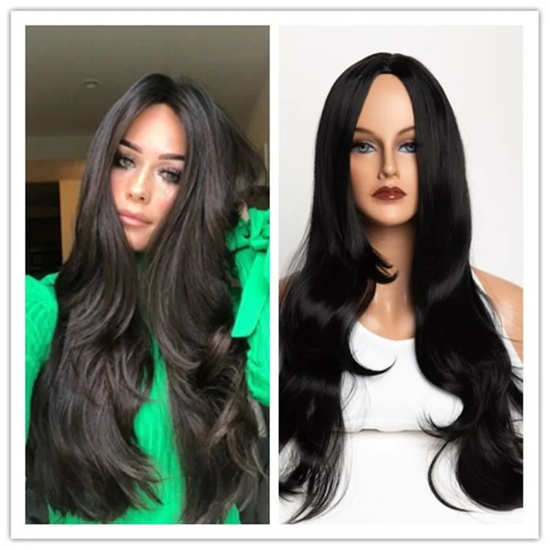 

Long Wavy Synthetic Wigs For Women Black Peluca Party Natural Heat Resistant Hair Wigs Pelucas Party Costume