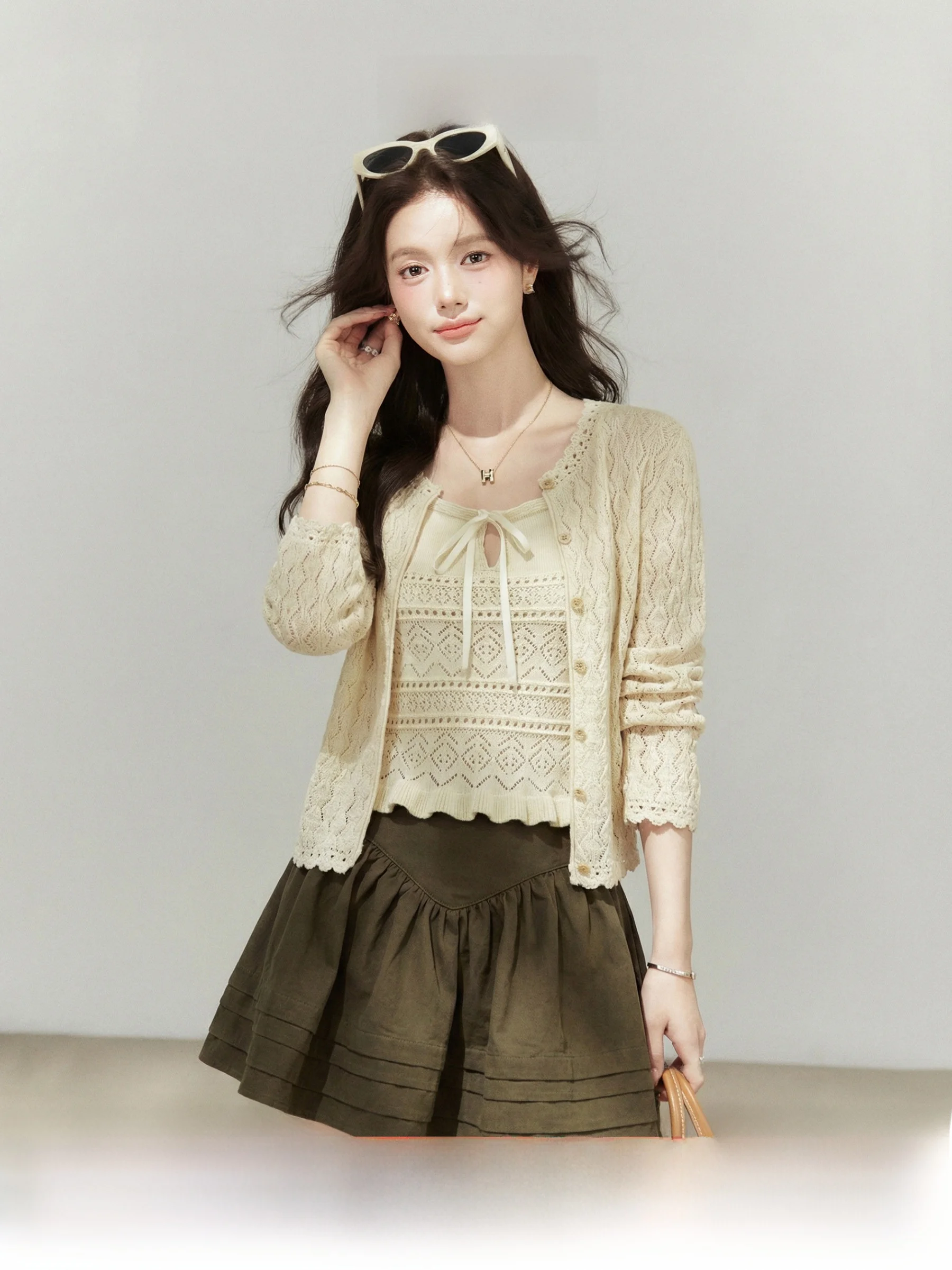 

Elegant Texture Hollow out Knitted Cardigan Women's Inner Wear Strap Short Skirt Half Skirt Three Piece Set Spring Fashion