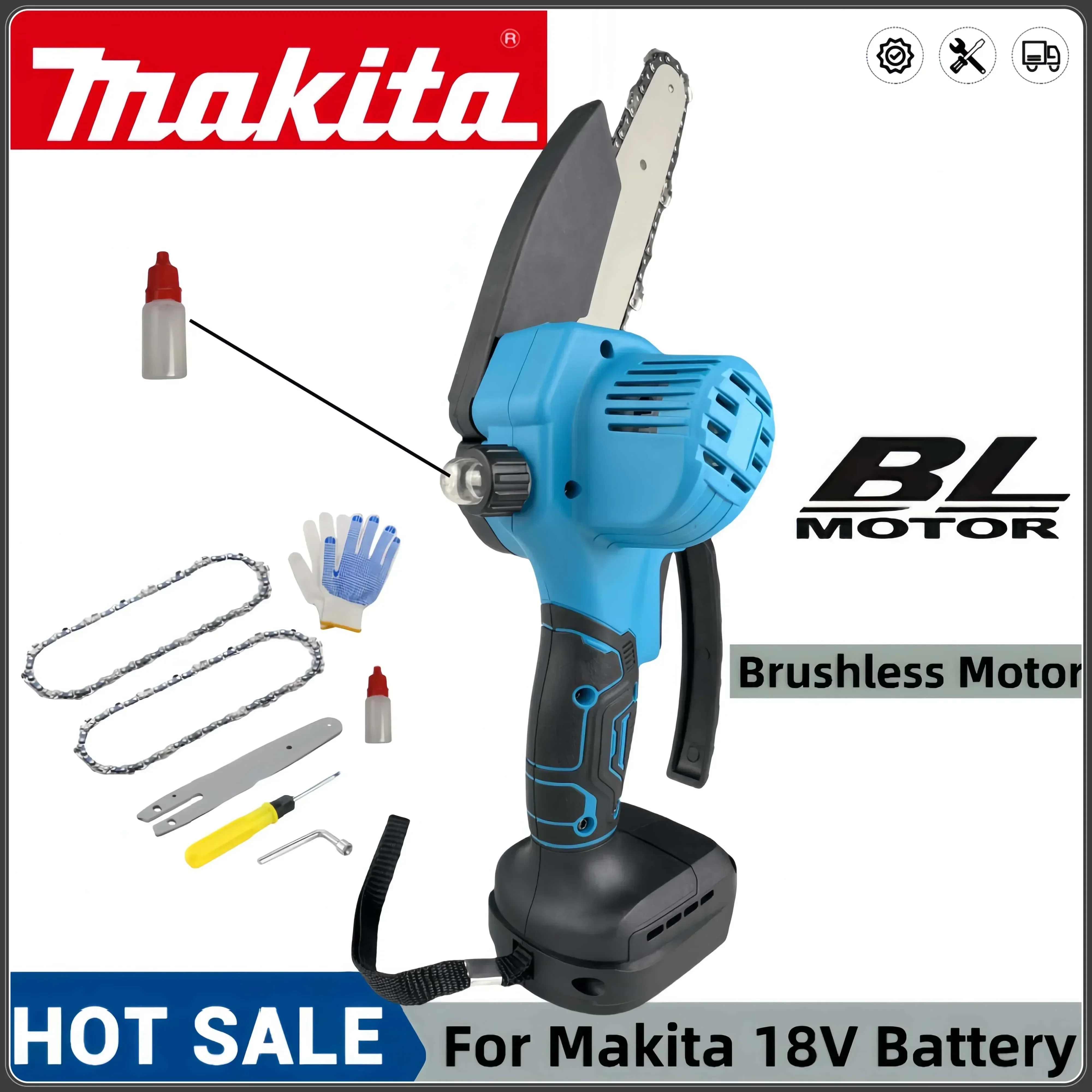 Makita New 6 Inch Brushless Chain Saw Cordless Mini Handheld Pruning Saw Woodworking Electric Saw Cutting Tool Makita 18VBattery