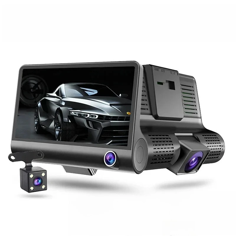 

3-канальный автомобильный видеорегистратор, видеорегистратор 1080P Full HD-4,0-дюймовый экран, передний и задний внутренний видеорегистратор, автомобильный черный ящик, ночное видение