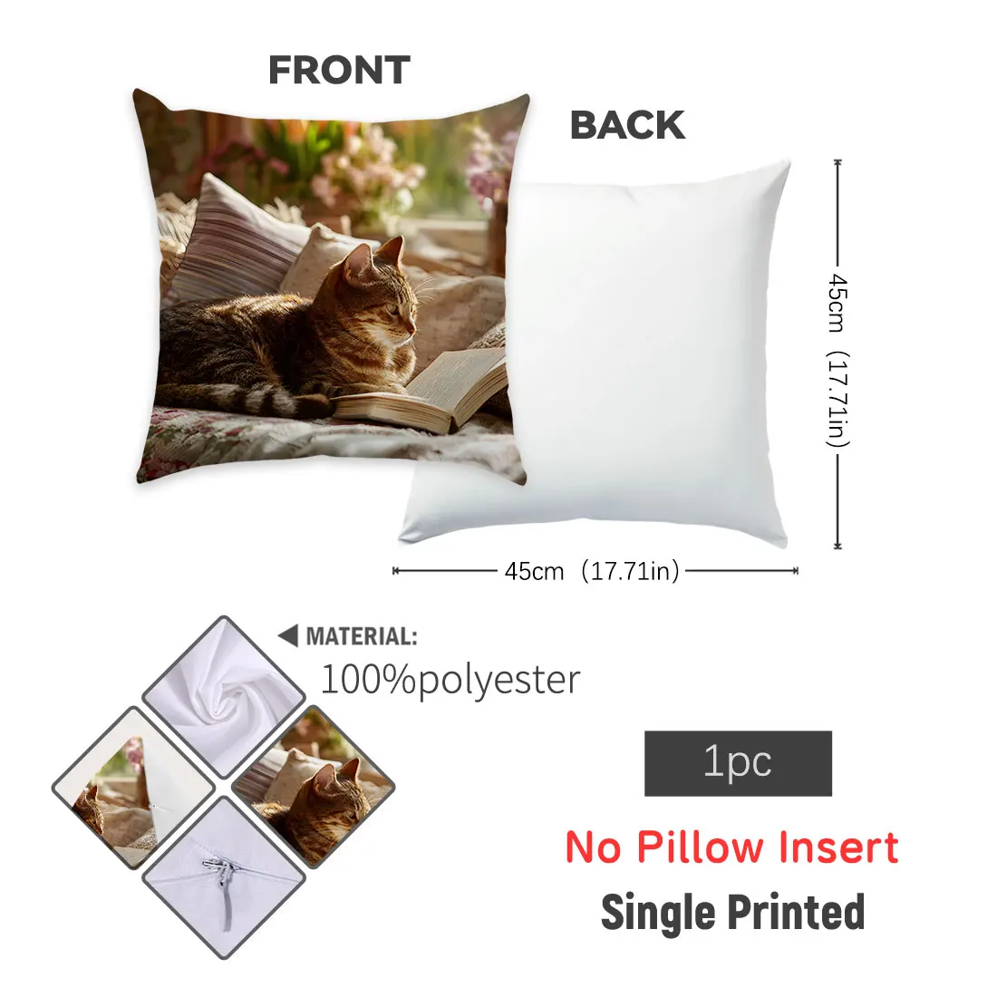 45cm Cute Cat RabbitsThrow Pillow Cover, A Cat and Rabbit Reading Storybooks on The Sofa Design for Home Sofa Pillowcase Decor