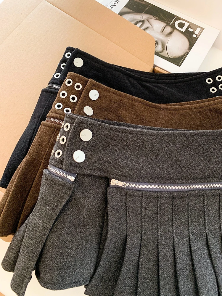 Vintage Sexy Mini Skirt Women Button Zipper Patchwork Preppy Casual Pleats Skirts American Retro Y2K Streetwear Hottie Skirt New