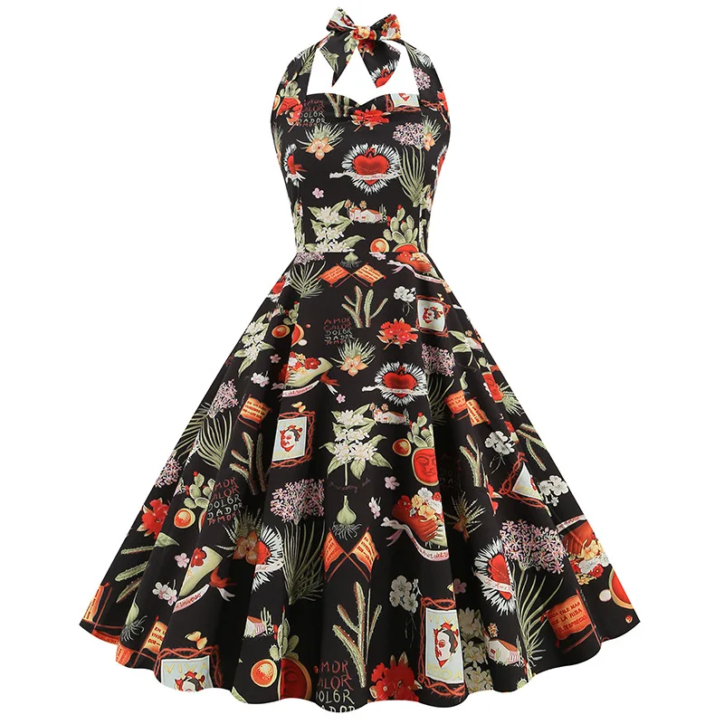 

Elegant Thin Women Summer Dress Slim Halter Vintage Print Floral Retro Vintage Tunic Party Dresses Sundress Rockabilly Dresses
