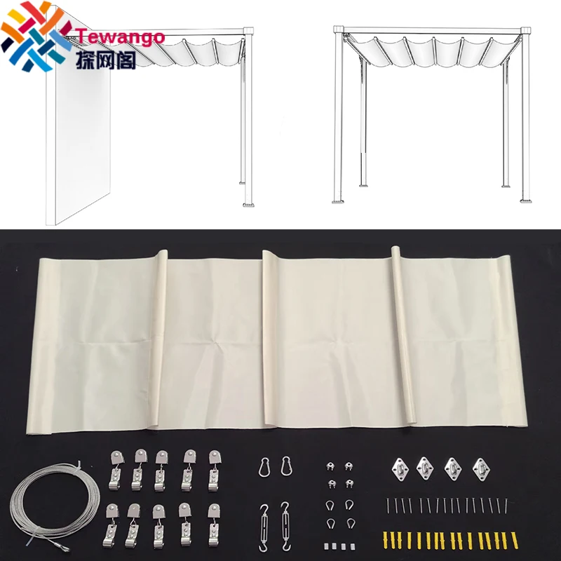 Rozmiar niestandardowy Pergola Wodoodporna tkanina + akcesoria instalacyjne Wave Shade Net Teleskopowy baldachim Beżowy