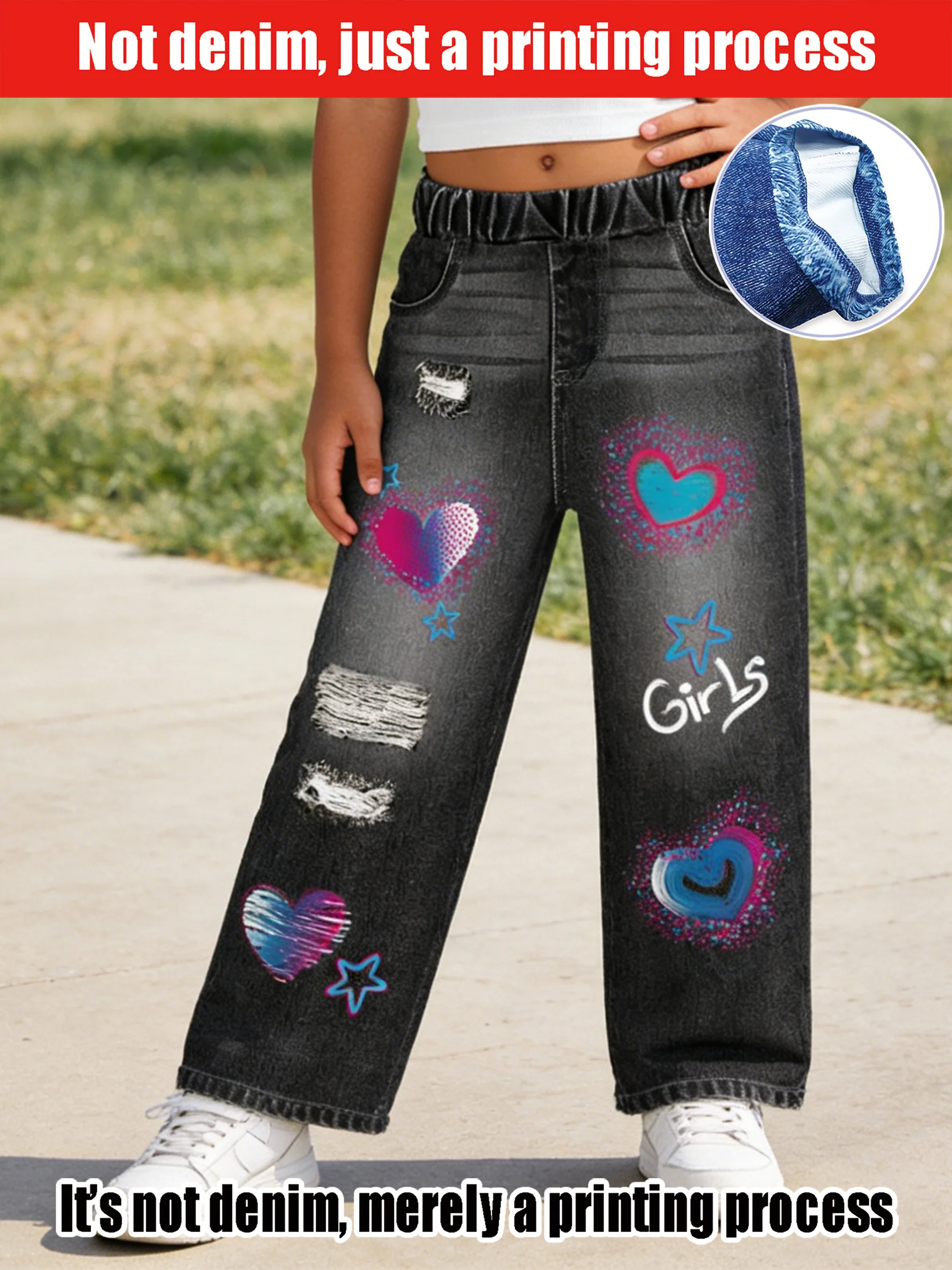 2026 children's black imitation denim wide-leg pants, pink and blue love star printing holes