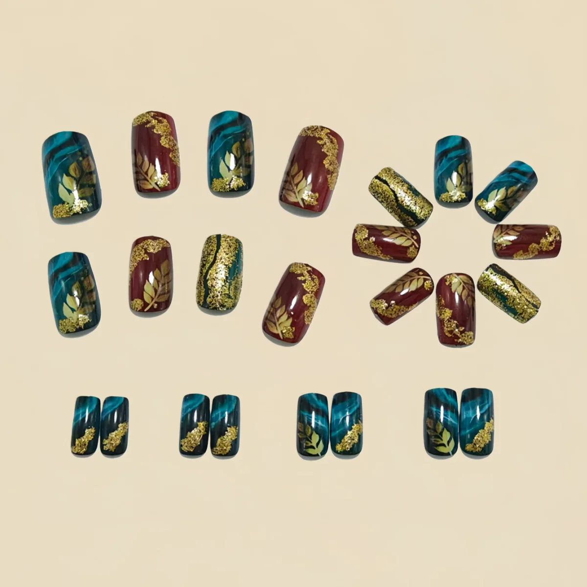 Medium fake nails for women girls red Birds tree Green golden black leaf design Square nail tips press on false nail art set