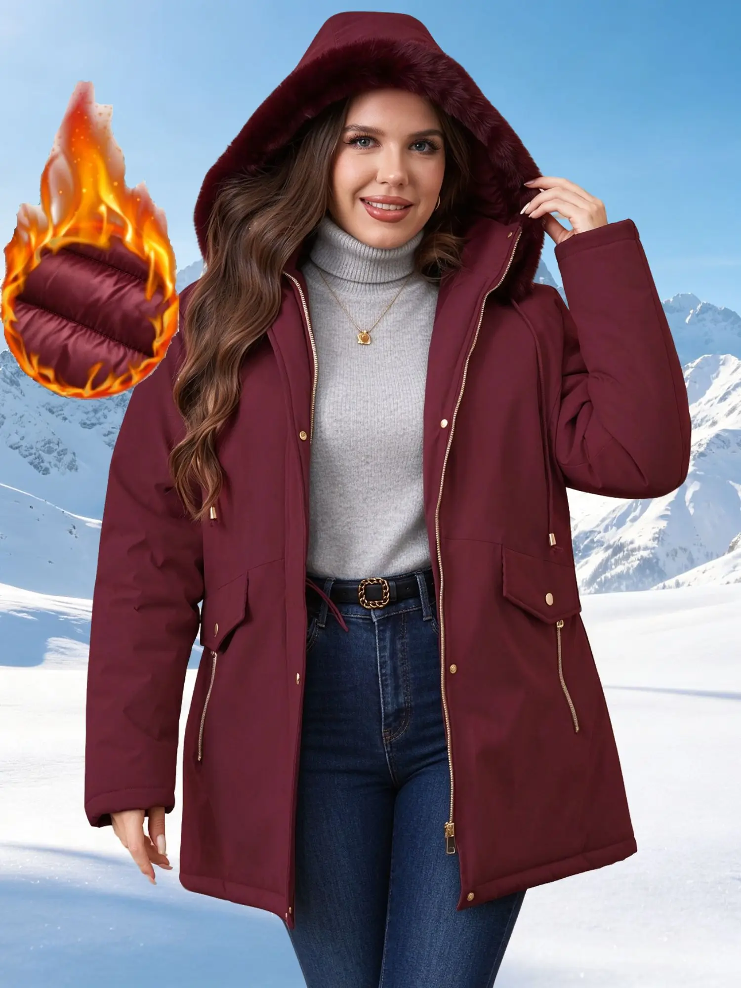 Plus Size Women's Parka Coat Winter Warm Mid-Length Full-Zip Jacket with Detachable Hood Drawstring Waist Windproof Outerwear