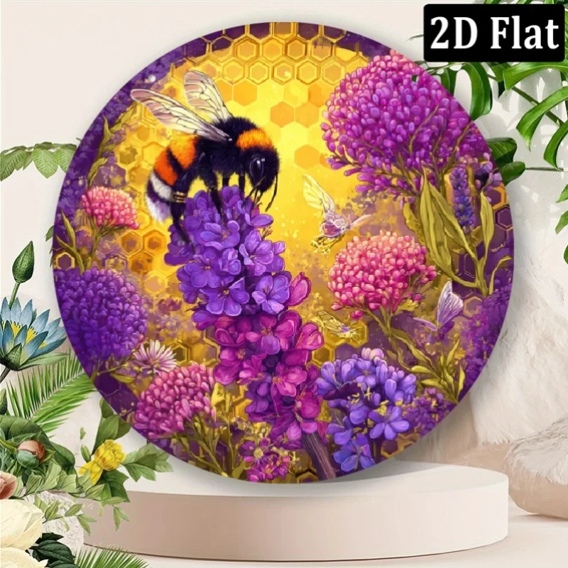 Purple Yellow Metal Bee & Flower Wall Decor, 8x8 Inch Round Aluminum Garden Art Sign