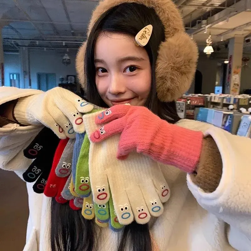 Cute Funny Faces Gloves Touchable Screen Five Finger Gloves Korean Style Women's Autumn/Winter Knitted Yarn Warm Cycling Mittens