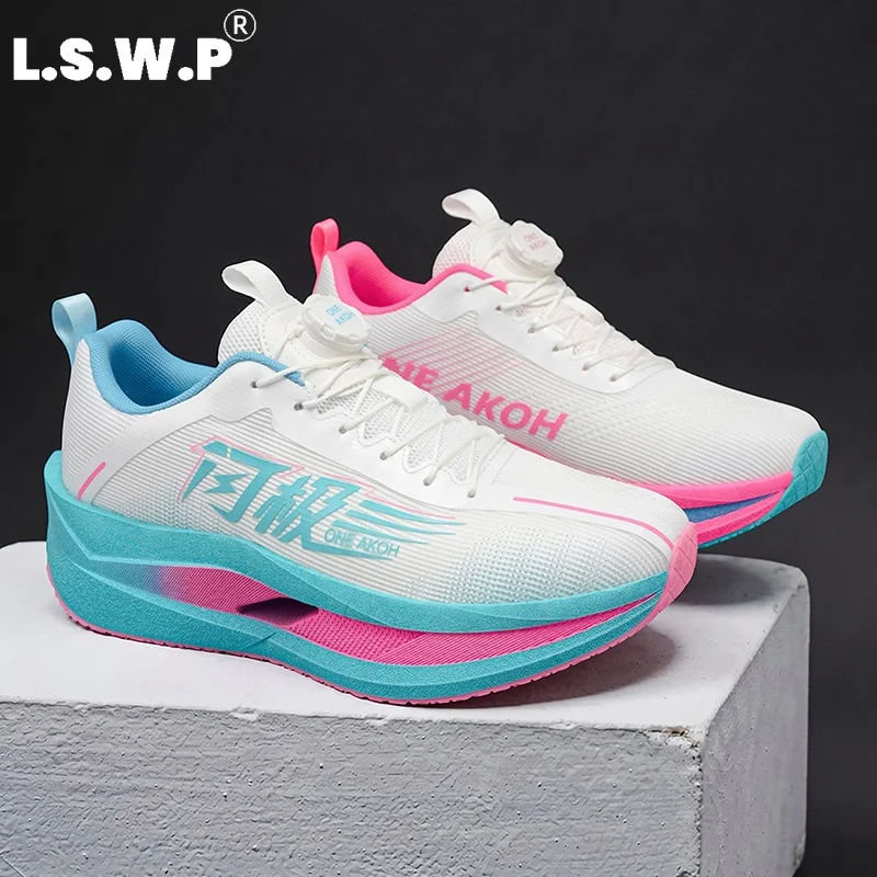 Men's Running Shoes, New Model with Automatic Dial Buckle, Unisex Lightweight Breathable Mesh Sports Shoes, Hollow-Out Thick-Soled Rebound Running Shoes, Non-Slip Wear-Resistant Long-Distance Training Shoes, Outdoor Fi