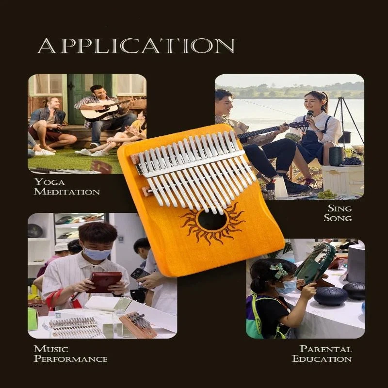 17 Key Kalimba Wood 17 Keys Sun Pattern  Thumb Piano Portable Finger Piano For Beginner Mbira Gift For Kids Adults