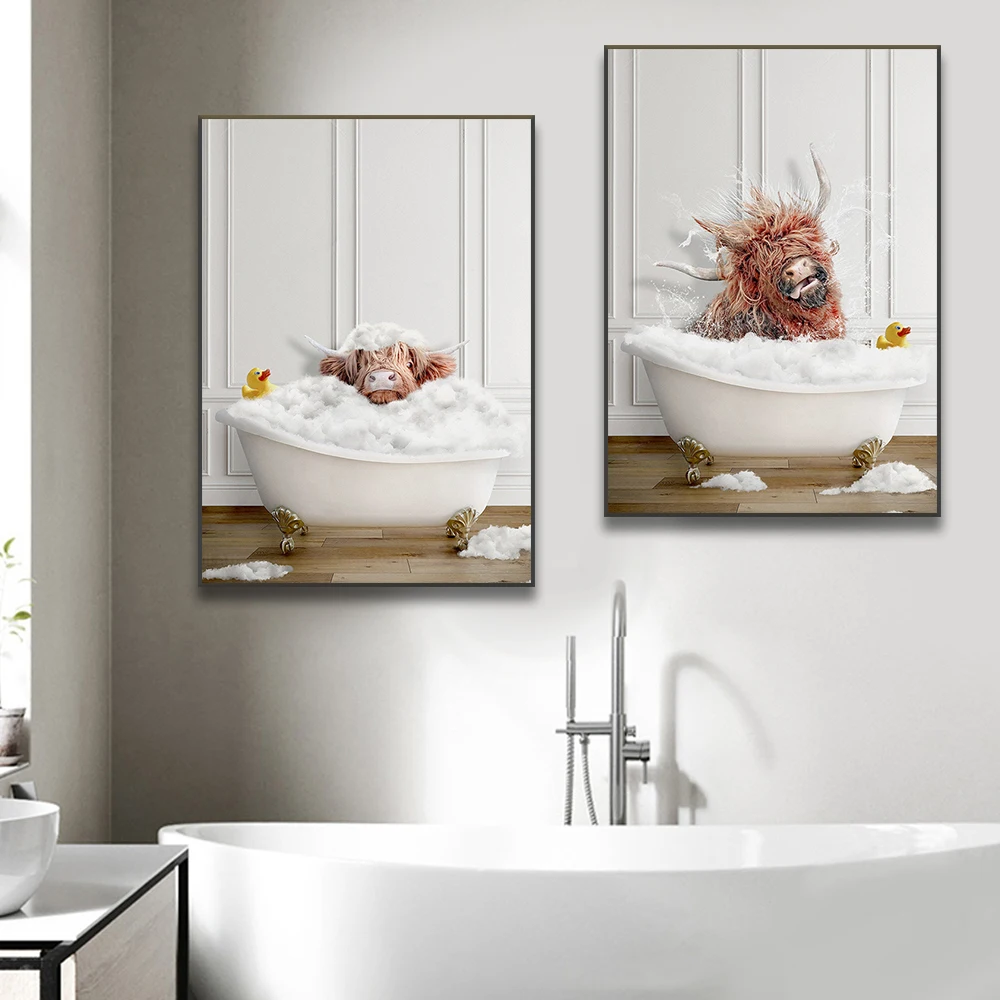 Funny And Cute Animal Canvas Prints Bathroom Wall Art Posters Highland Cow Giraffe Lion Take Shower Pictures For Washroom Decor