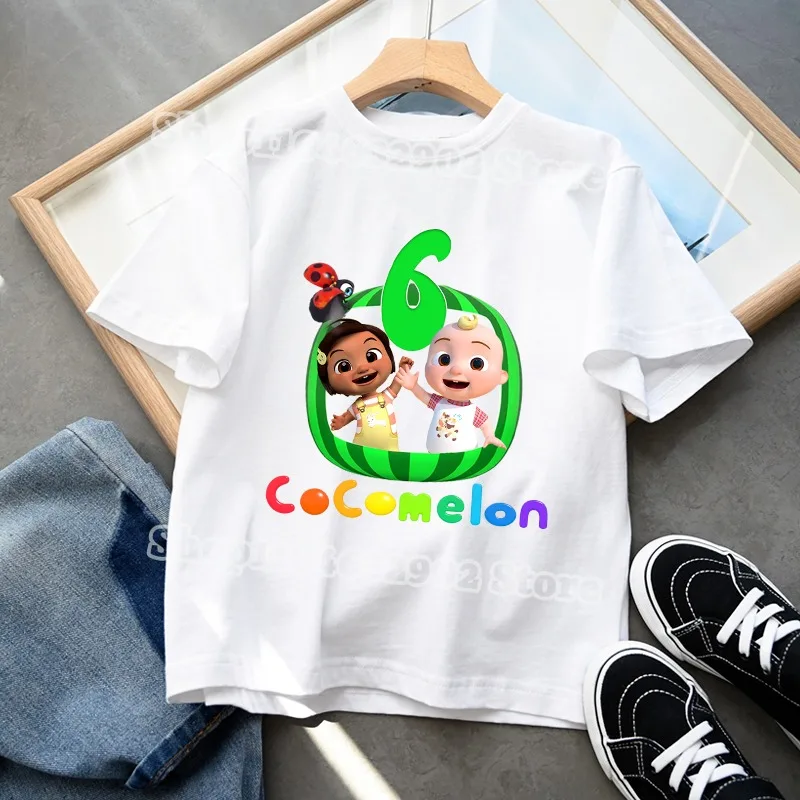Cocomelons 소년 소녀 생일 티셔츠 번호 1-10 프린트 티셔츠 베이비 샤워 파티 티 어린이 여름 귀여운 탑 어린이 선물