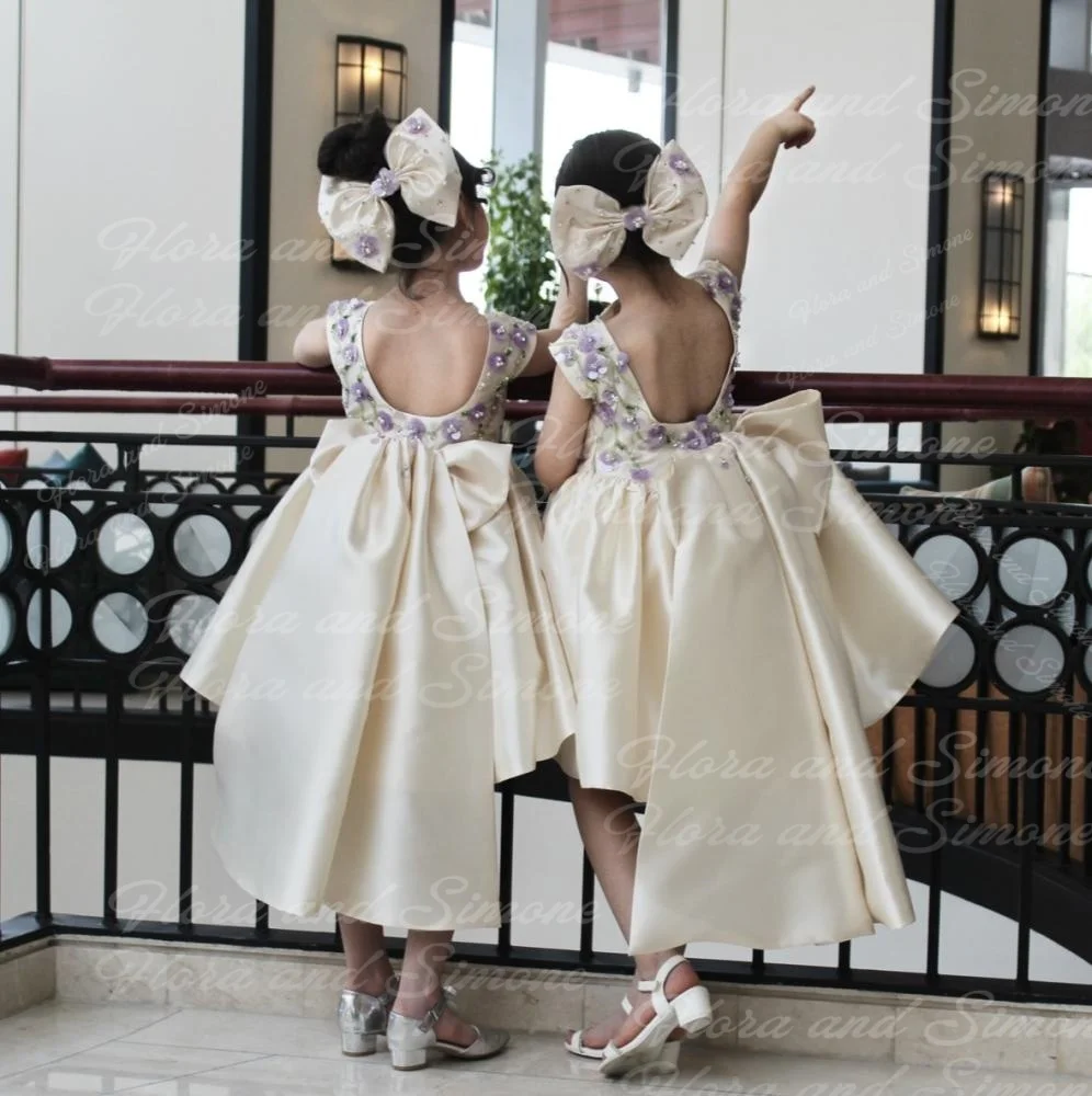 Customized Ivory 3D floral Sleeveless Backless Bow Flower Girl Dresses For Wedding Ceremonies Dance Performance Beauty pageant