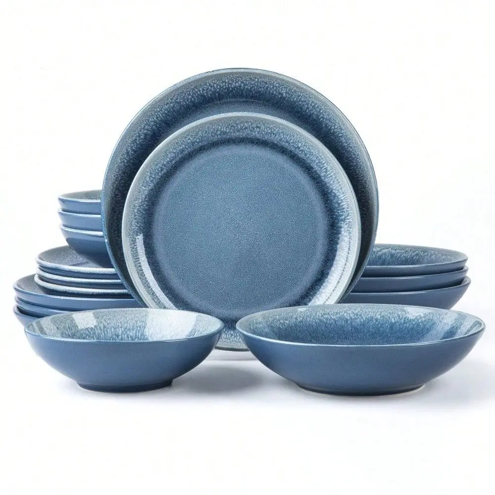 

Square Stoneware 16pc Double Bowl Dinnerware Set For 4, Dinner Plates, Side Plates, Cereal Bowls, Pasta Bowls Reactive Glaze Re