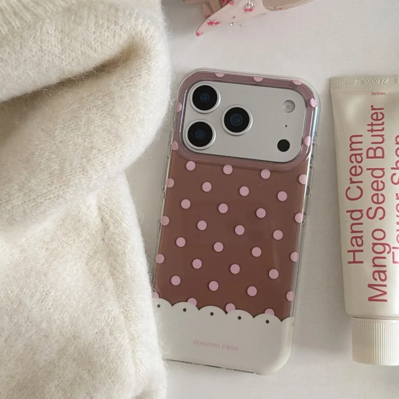 Dustproof Stitching Pink-Brown IMD Phone Case for iPhone 17, 16, 15, 14, 13, Pro, Promax