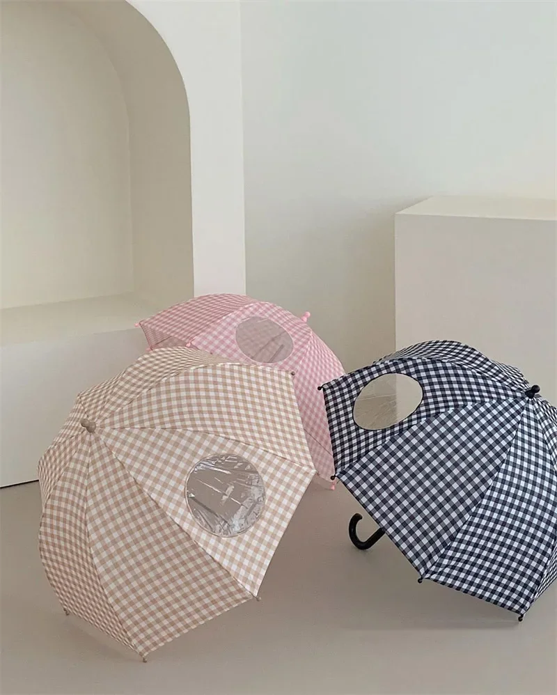 Cartoon Kindergarten and Primary School Student Long-Handled Checkered Retro Umbrella - Lightweight, Anti-Pinch