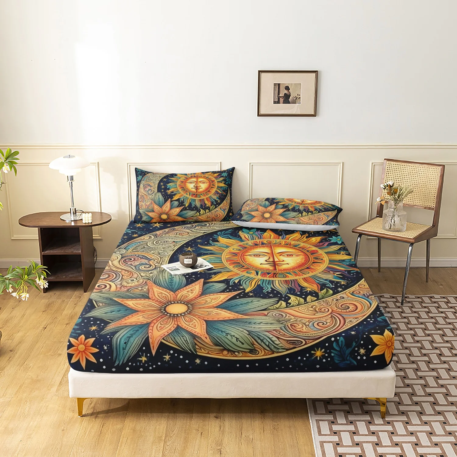 Vintage Sun Moon Floral Print Fitted Sheet Set,3Pcs Dark Blue Starry Sky Celestial Sun Face Crescent Moon Flower Pattern Bedding